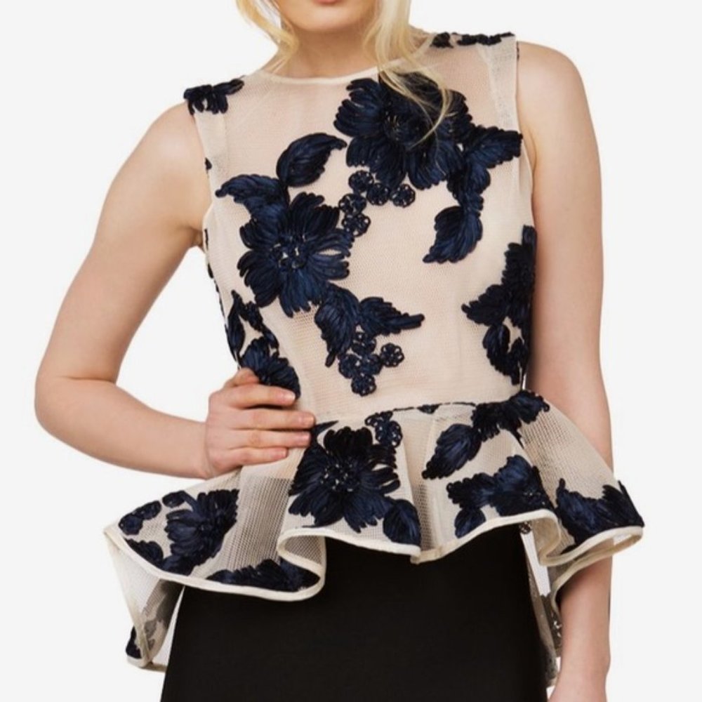 Gracia Floral Lace Mesh Peplum Top, Small, Navy & Cream